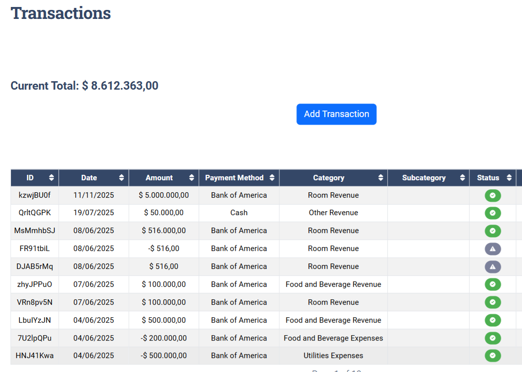TourGo transactions management screenshot